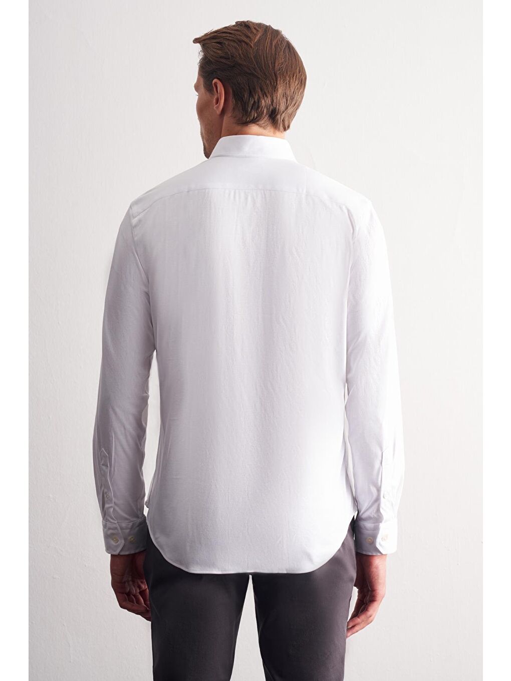 Beyaz Düğmeli Yaka Örme Uzun Kol Performans Ürün Slim Fit %100 Pamuk Gömlek 1004255271-4