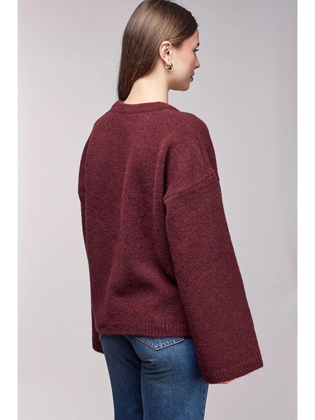 Bordo Bisiklet Yaka Oversize Dokulu Triko Kazak - Geniş Kol Detay-3