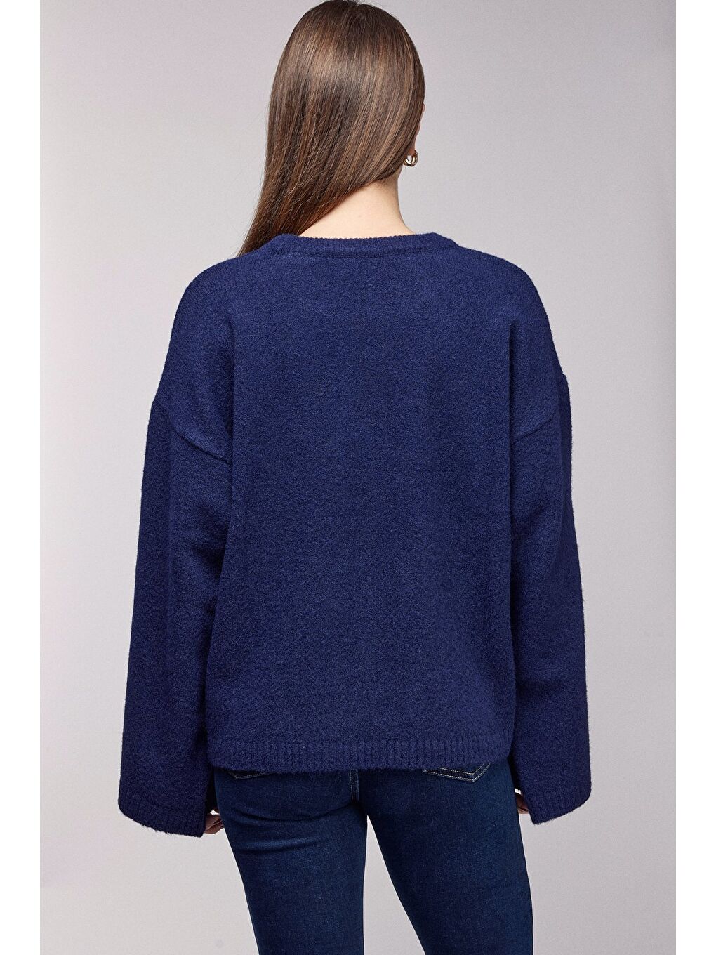 Lacivert Bisiklet Yaka Oversize Dokulu Triko Kazak - Geniş Kol Detay-3