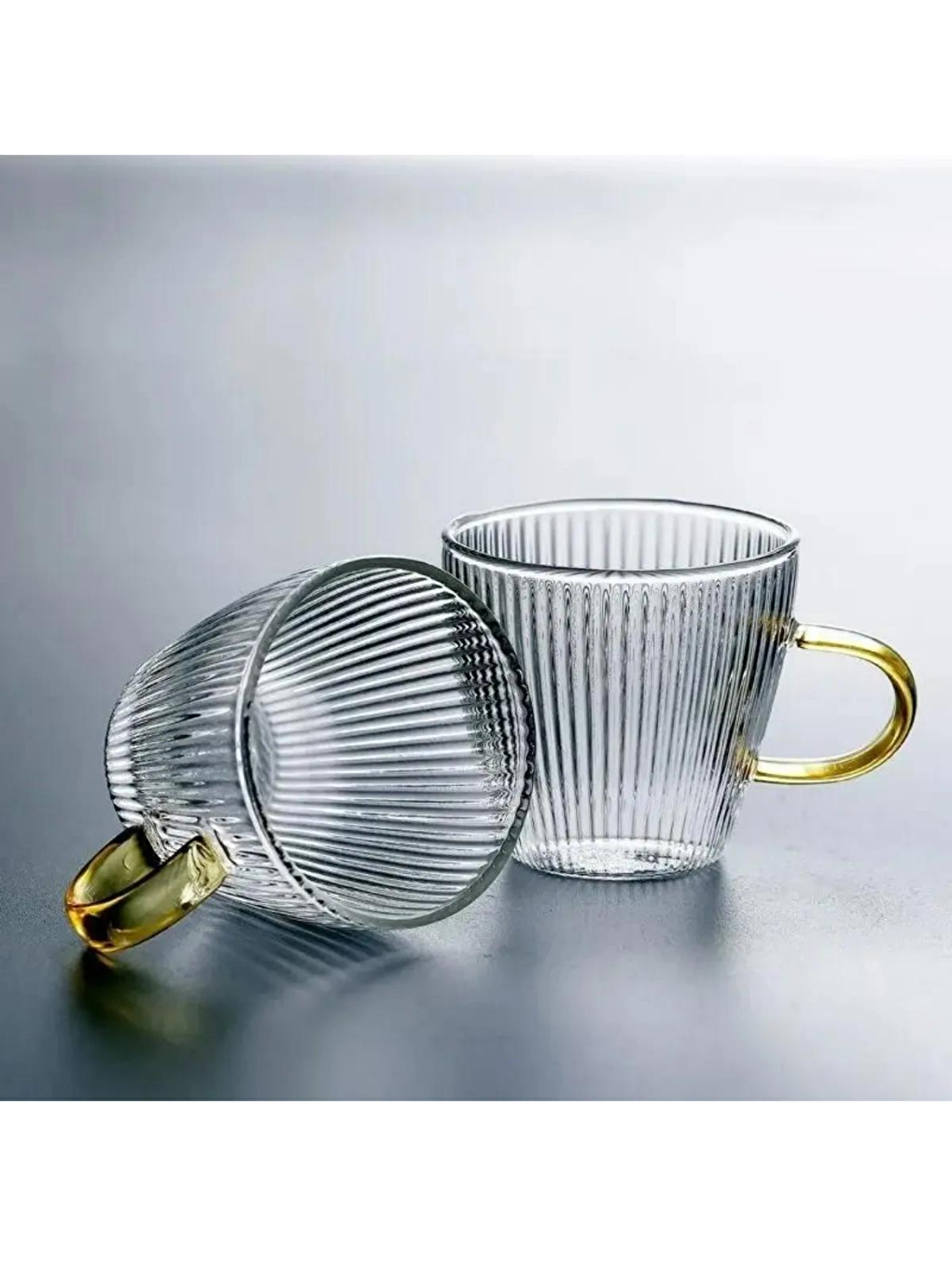 Dikey Çizgi Tasarımlı Sarı Kulplu Fincan 120 ml Cam Türk Kahvesi Fincanı 4 Adet 2672-3