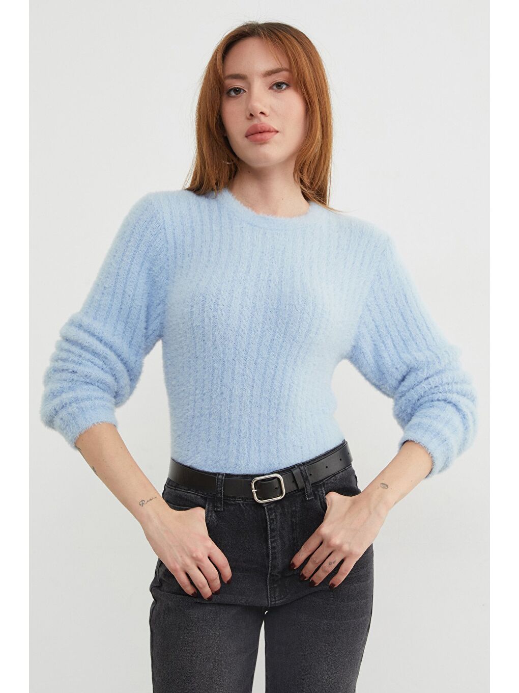 Mavi Bisiklet Yaka Sakallı Yumuşak Dokulu Kazak