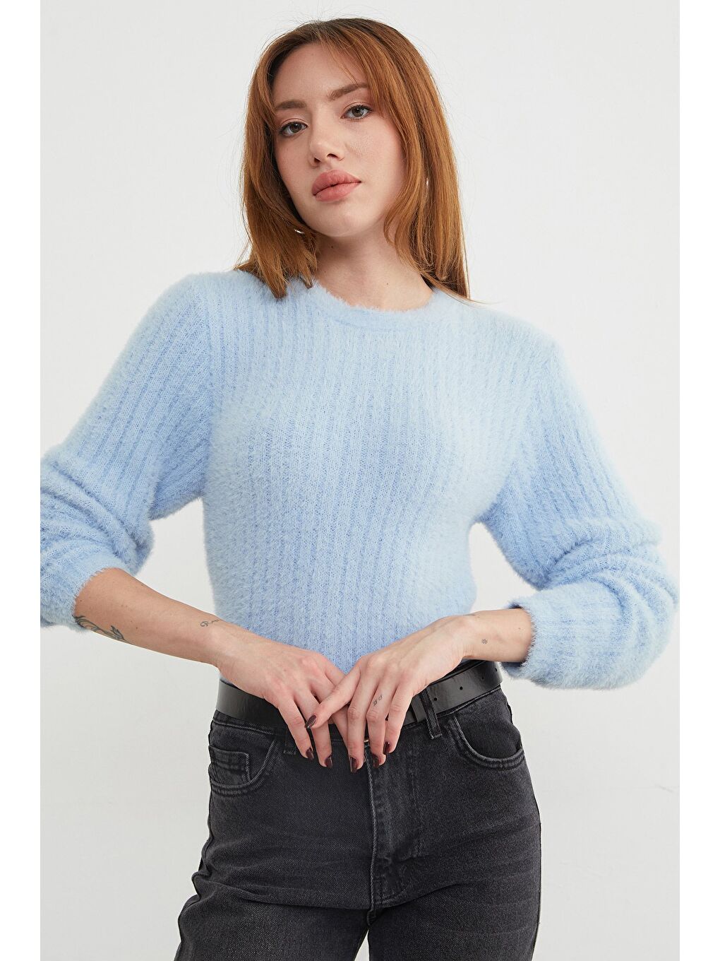 Mavi Bisiklet Yaka Sakallı Yumuşak Dokulu Kazak-2