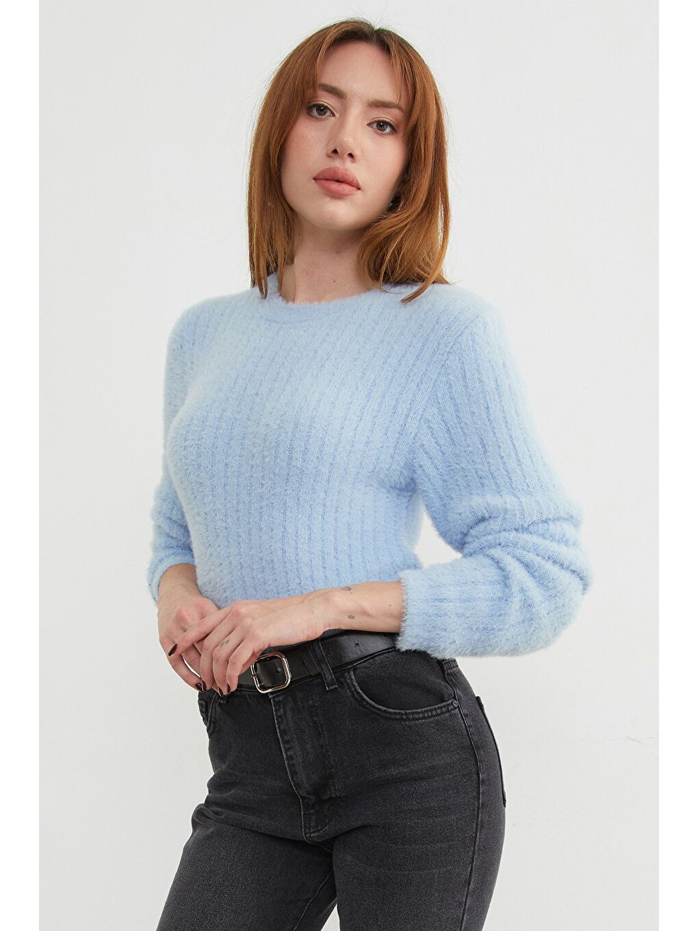 Mavi Bisiklet Yaka Sakallı Yumuşak Dokulu Kazak-3