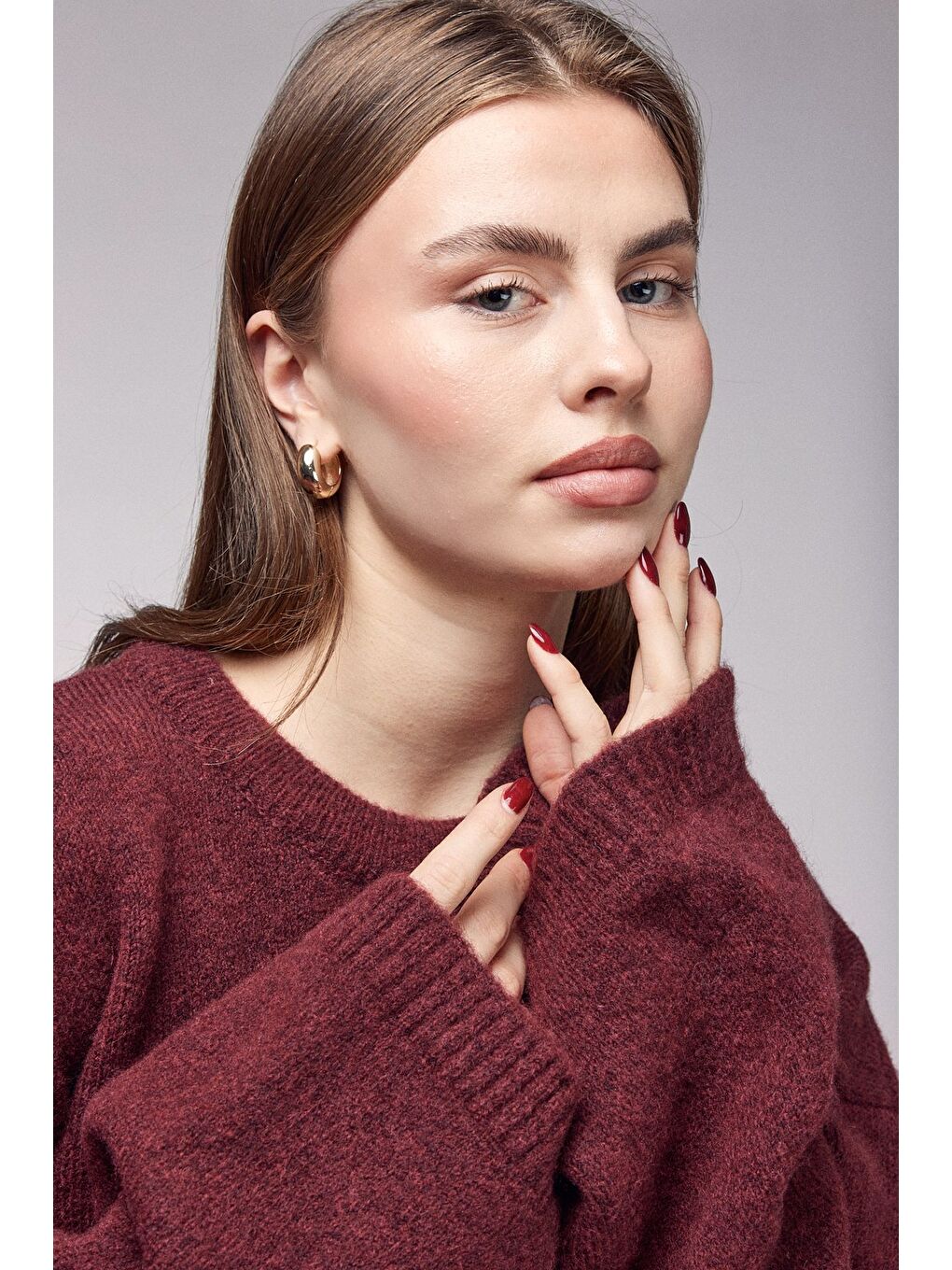 Bordo Bisiklet Yaka Oversize Dokulu Triko Kazak - Geniş Kol Detay-4