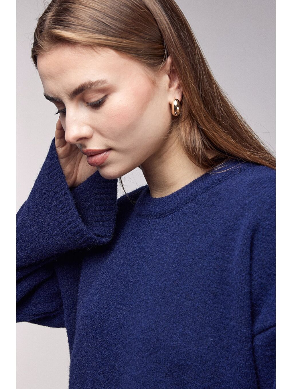 Lacivert Bisiklet Yaka Oversize Dokulu Triko Kazak - Geniş Kol Detay-4