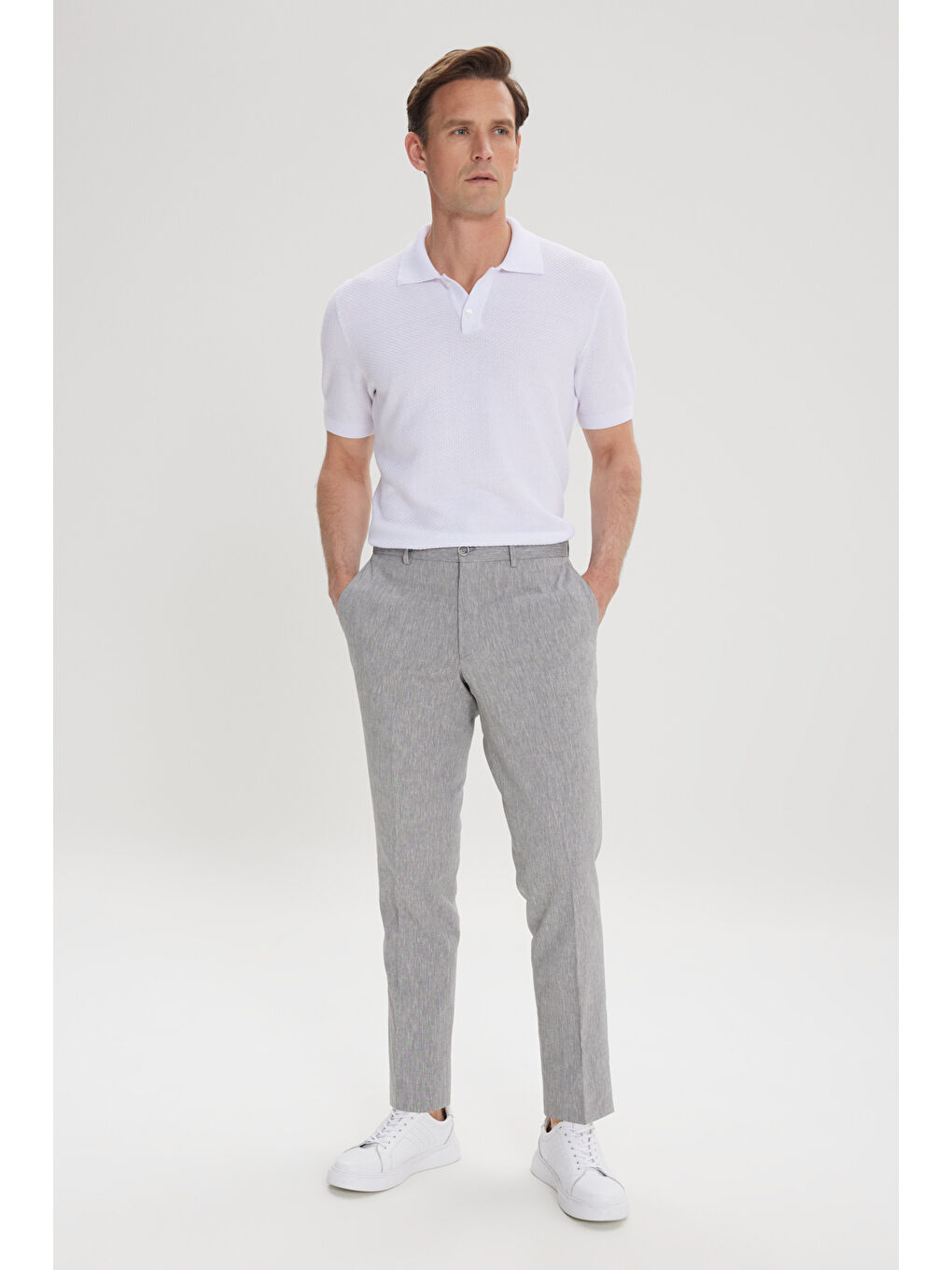 Erkek Gri Slim Fit Dar Kesim Keten Pamuk Yan Cepli Desenli Esnek Pantolon-2