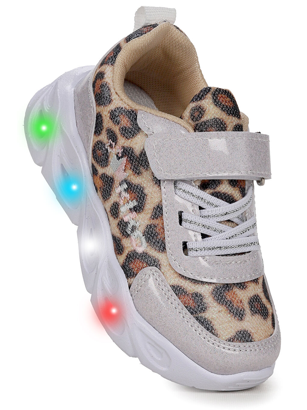 Beyaz Teno Leopar Desenli Cırtlı Işıklı Kız Bebek Spor Ayakkabı