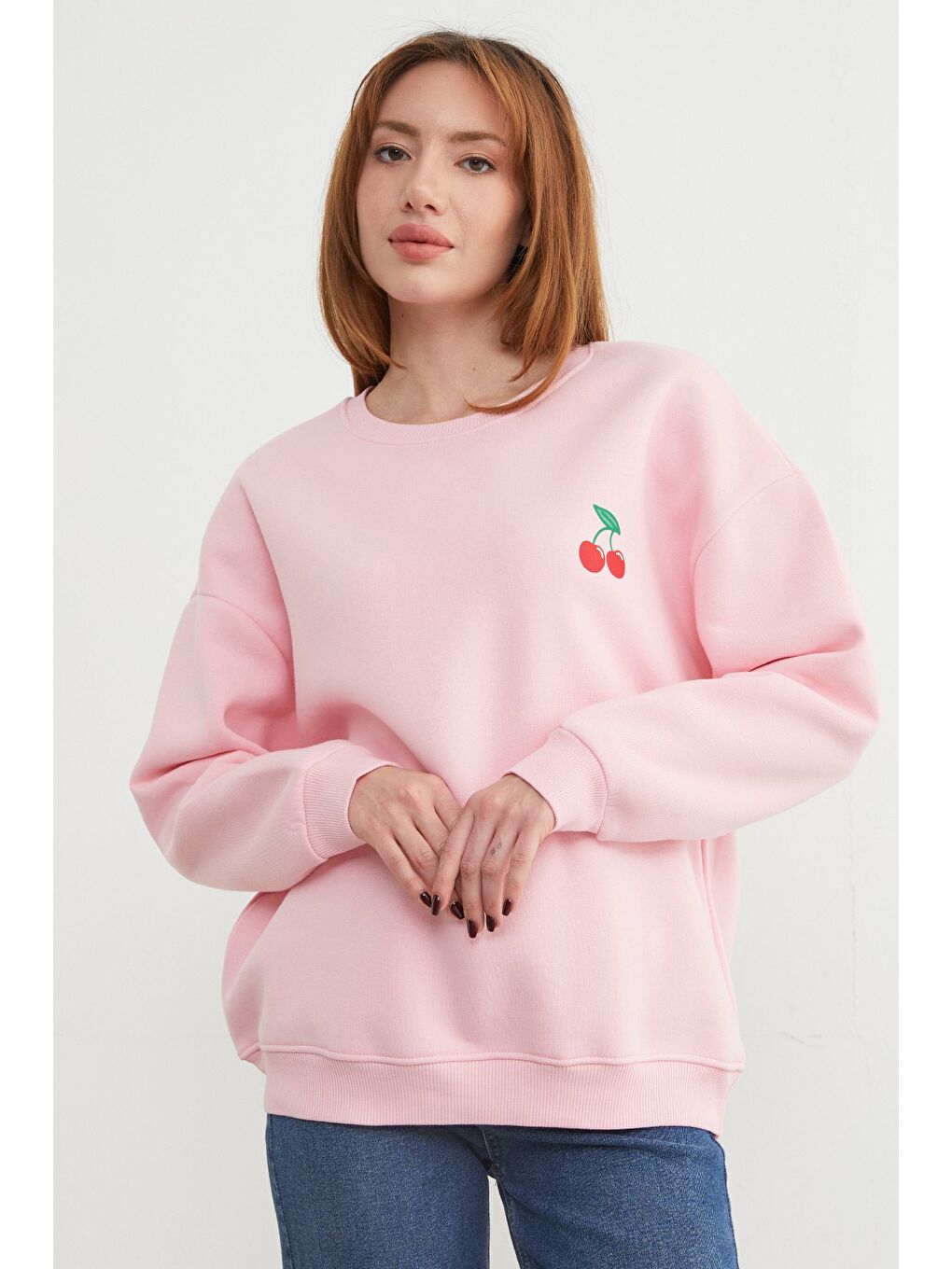 Pembe 3 İplik Kiraz Baskılı Oversize Sweatshirt