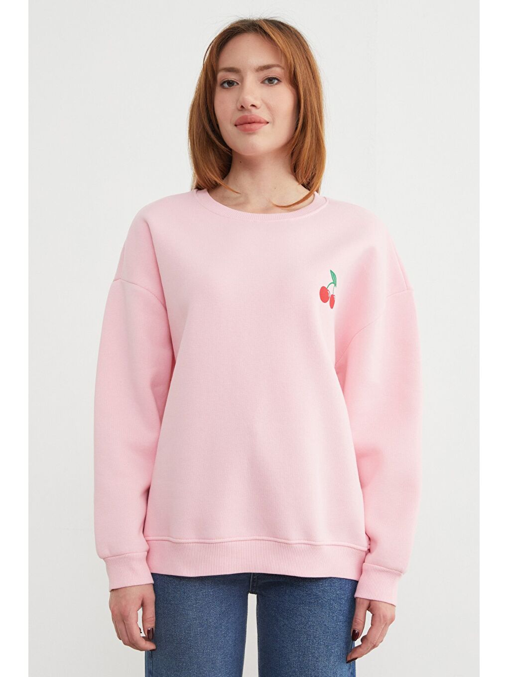 Pembe 3 İplik Kiraz Baskılı Oversize Sweatshirt-2