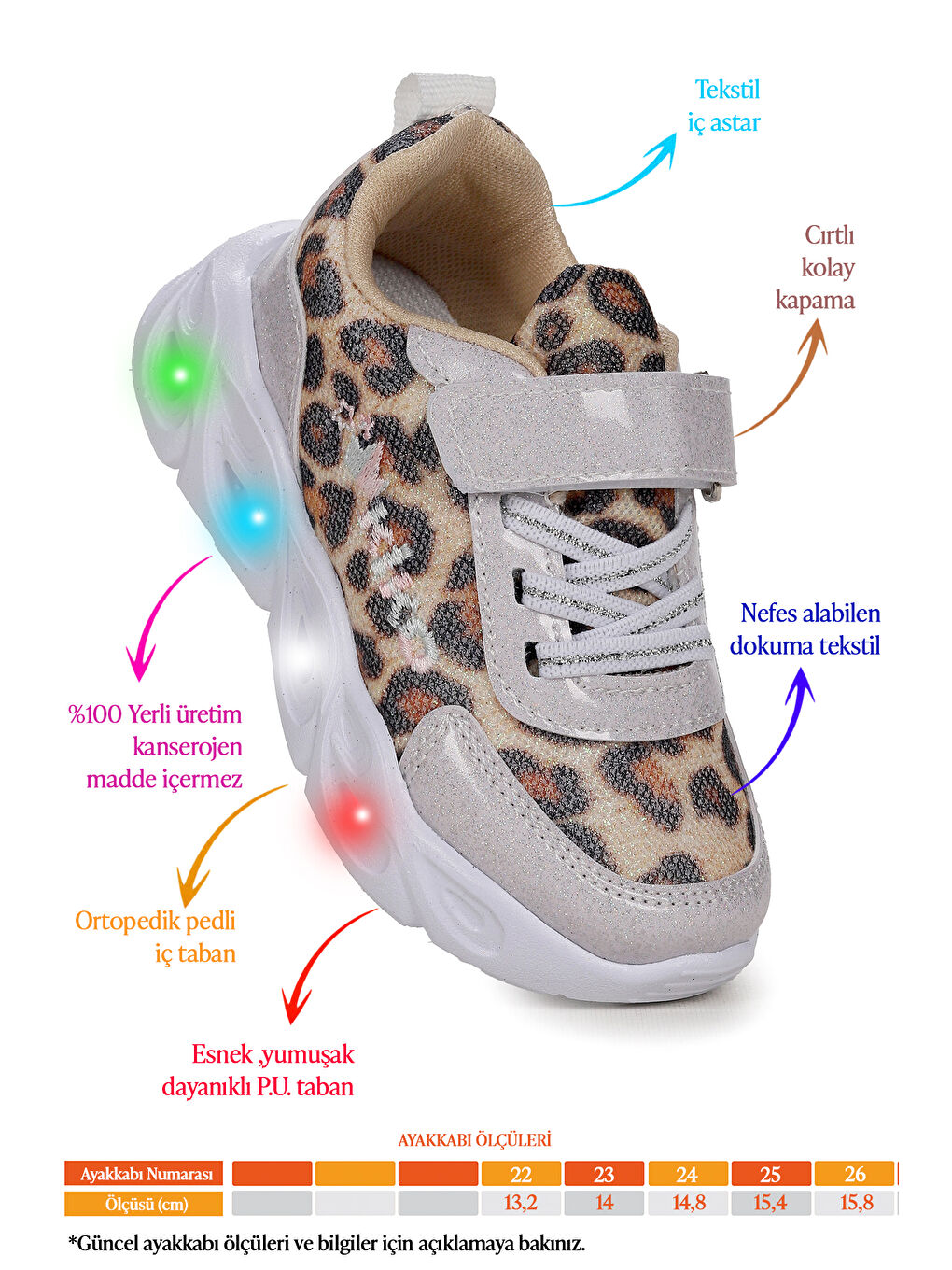 Beyaz Teno Leopar Desenli Cırtlı Işıklı Kız Bebek Spor Ayakkabı-1
