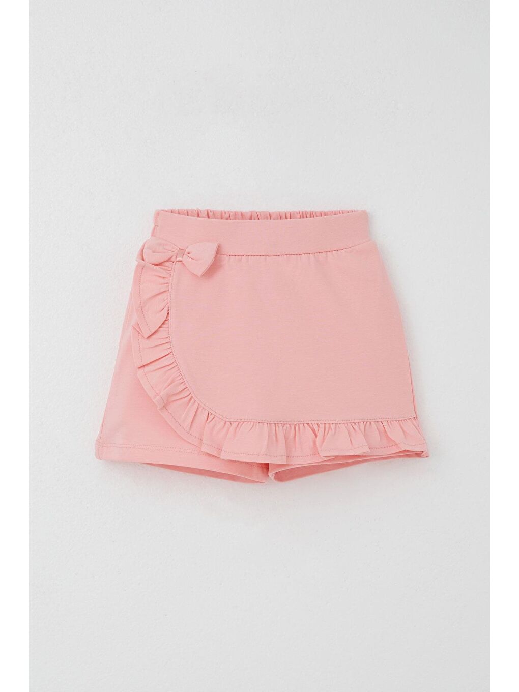 Pembe Kız Çocuk Şort Etek Fiyonk Aksesuarlı Fırfırlı Somon (3-8 Yaş)