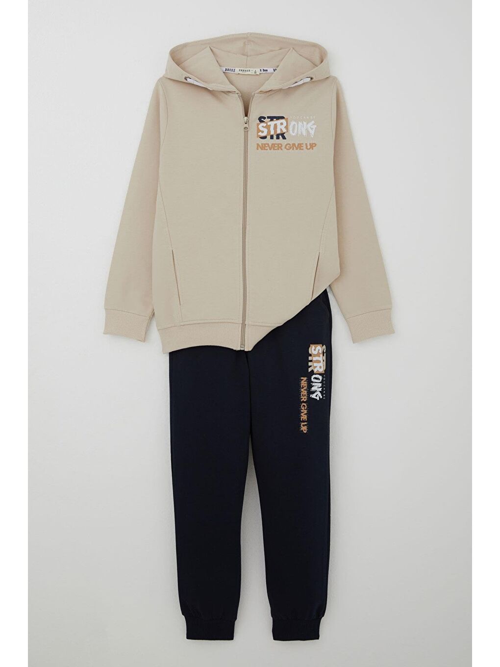 Erkek Çocuk Eşofman Takım Kapüşonlu Yazı Baskılı Cepli Bej (8-14 Yaş)