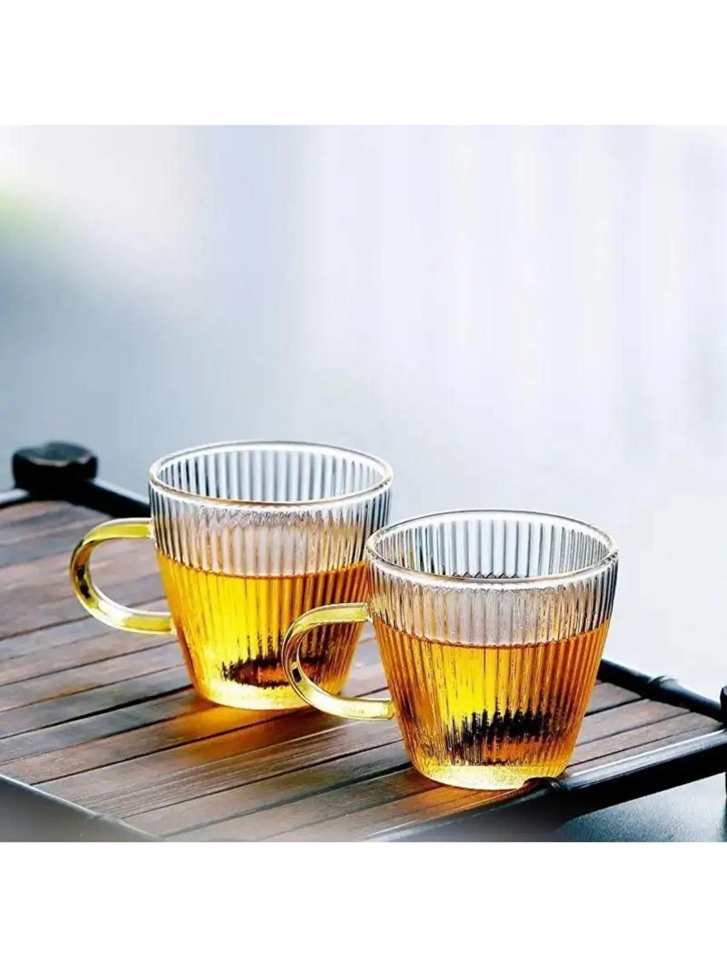 Dikey Çizgi Tasarımlı Sarı Kulplu Fincan 120 ml Cam Türk Kahvesi Fincanı 4 Adet 2672-4