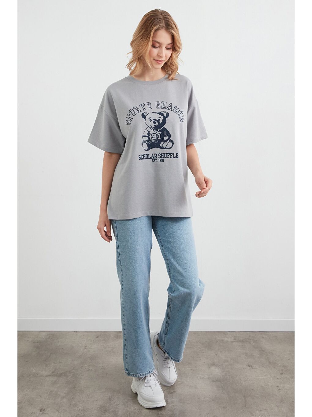 Gri Ayıcık Baskılı Oversize Tişört-3