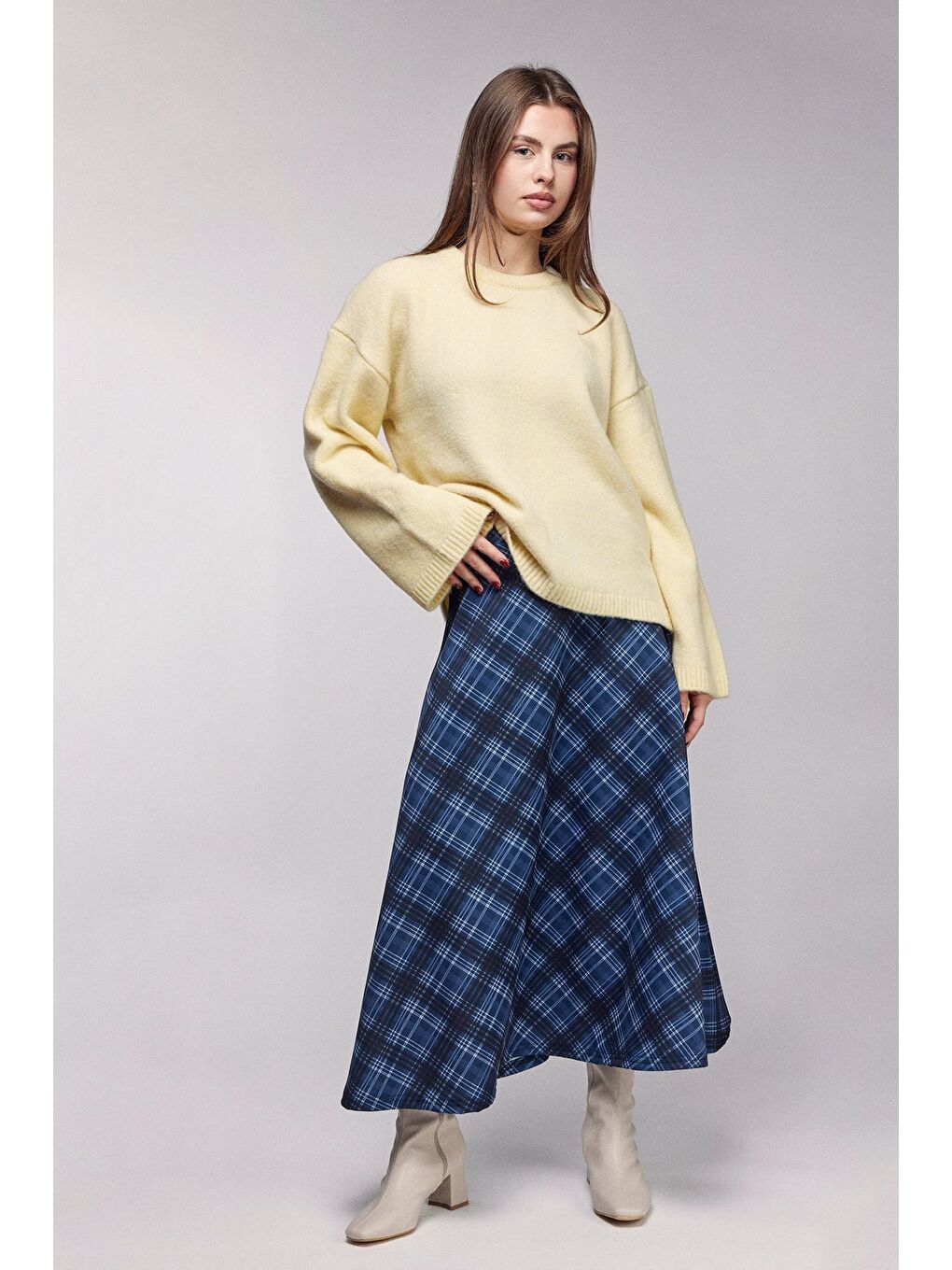 Sarı Bisiklet Yaka Oversize Dokulu Triko Kazak - Geniş Kol Detay-1