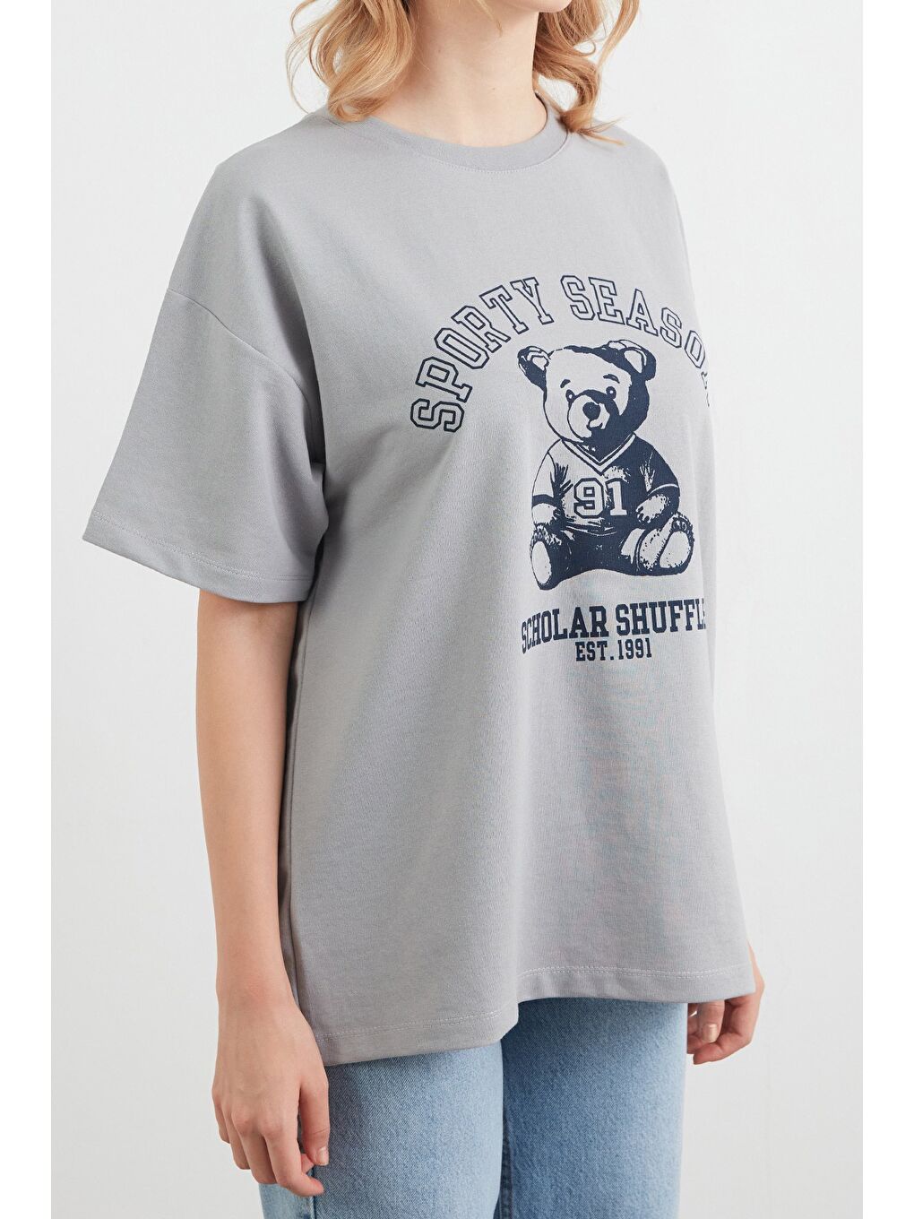 Gri Ayıcık Baskılı Oversize Tişört-4