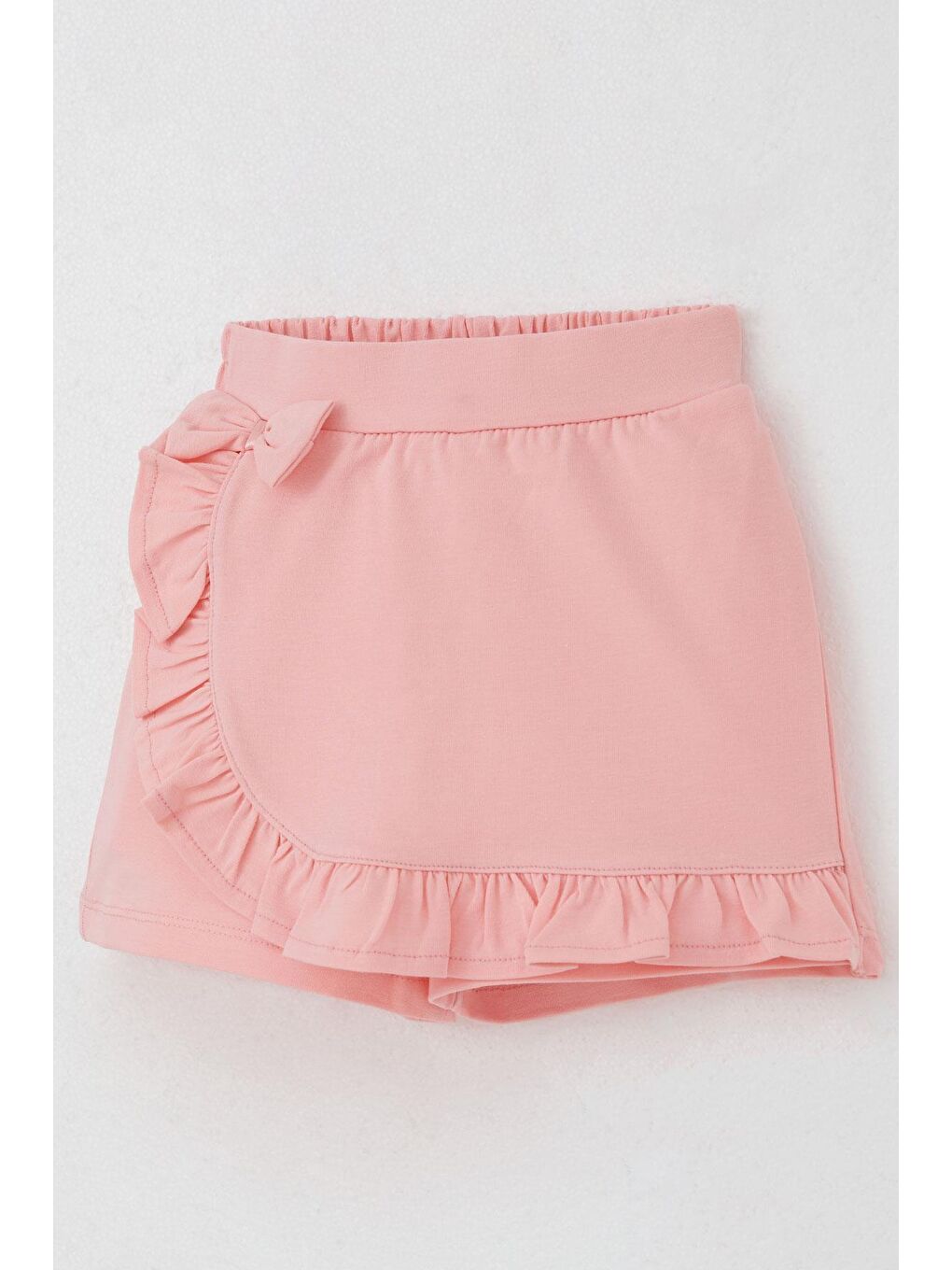 Pembe Kız Çocuk Şort Etek Fiyonk Aksesuarlı Fırfırlı Somon (3-8 Yaş)-2