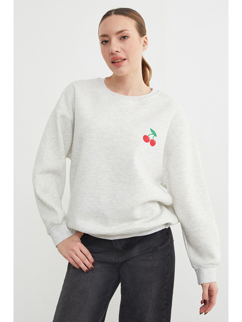 Gri 3 İplik Kiraz Baskılı Oversize Sweatshirt-2