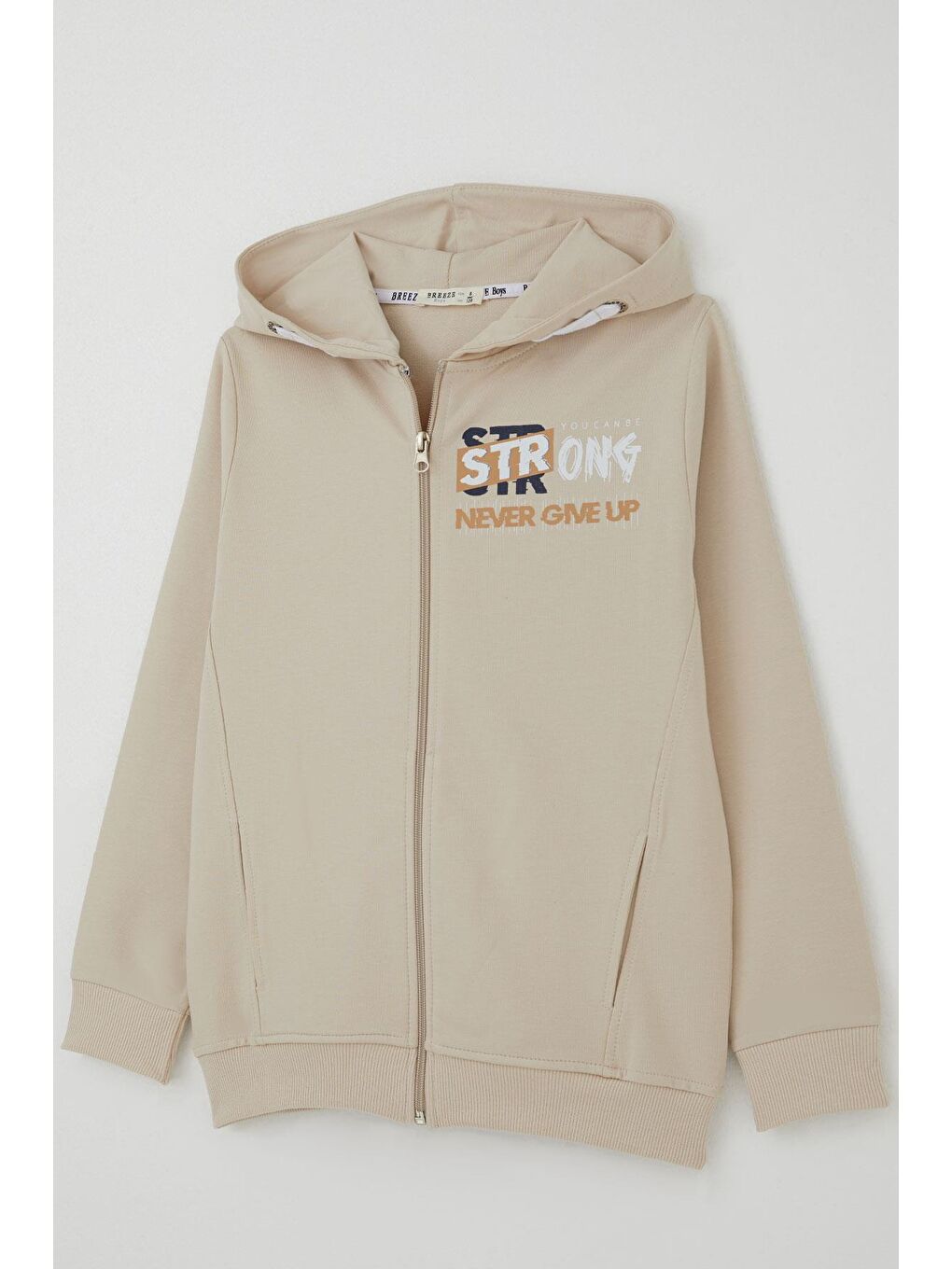 Erkek Çocuk Eşofman Takım Kapüşonlu Yazı Baskılı Cepli Bej (8-14 Yaş)-5
