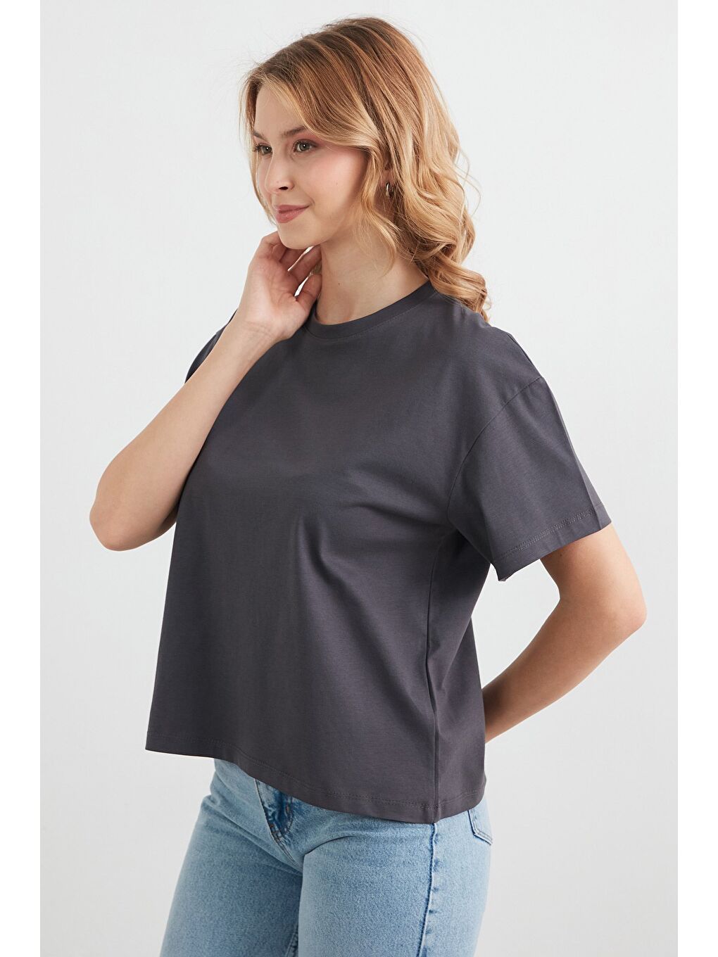 Antrasit Basic Bisiklet Yaka Tişört-1