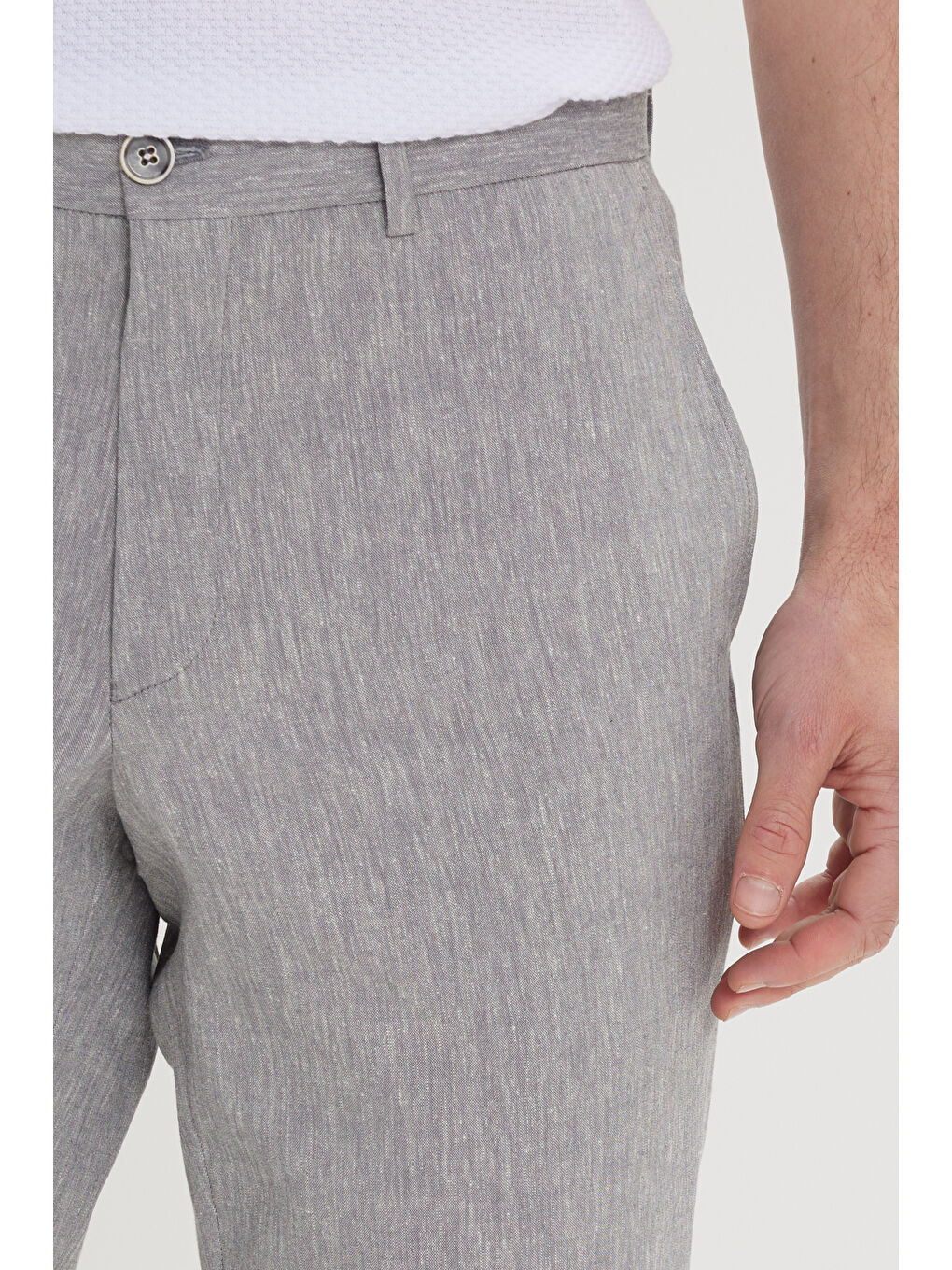 Erkek Gri Slim Fit Dar Kesim Keten Pamuk Yan Cepli Desenli Esnek Pantolon-3