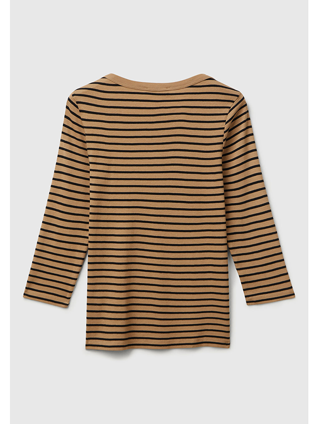 Kadın Kahverengi %100 Pamuk Çizgili Logolu Kayık Yaka Truvakar Kol T-Shirt-3