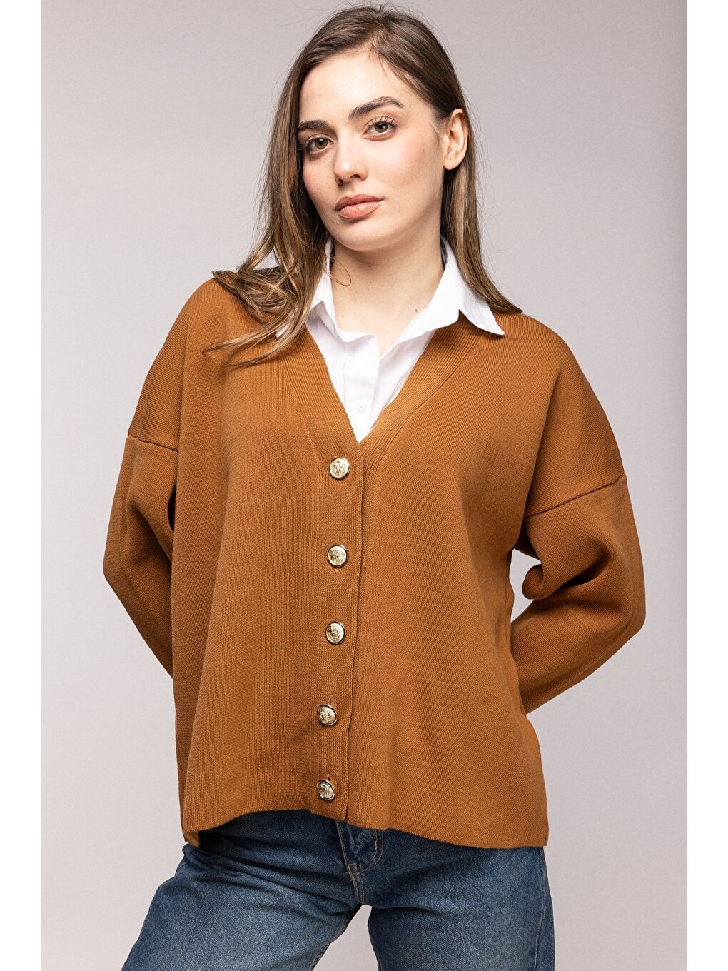 Kahverengi Taba Gömlek Görünümlü Oversize Triko Hırka-1