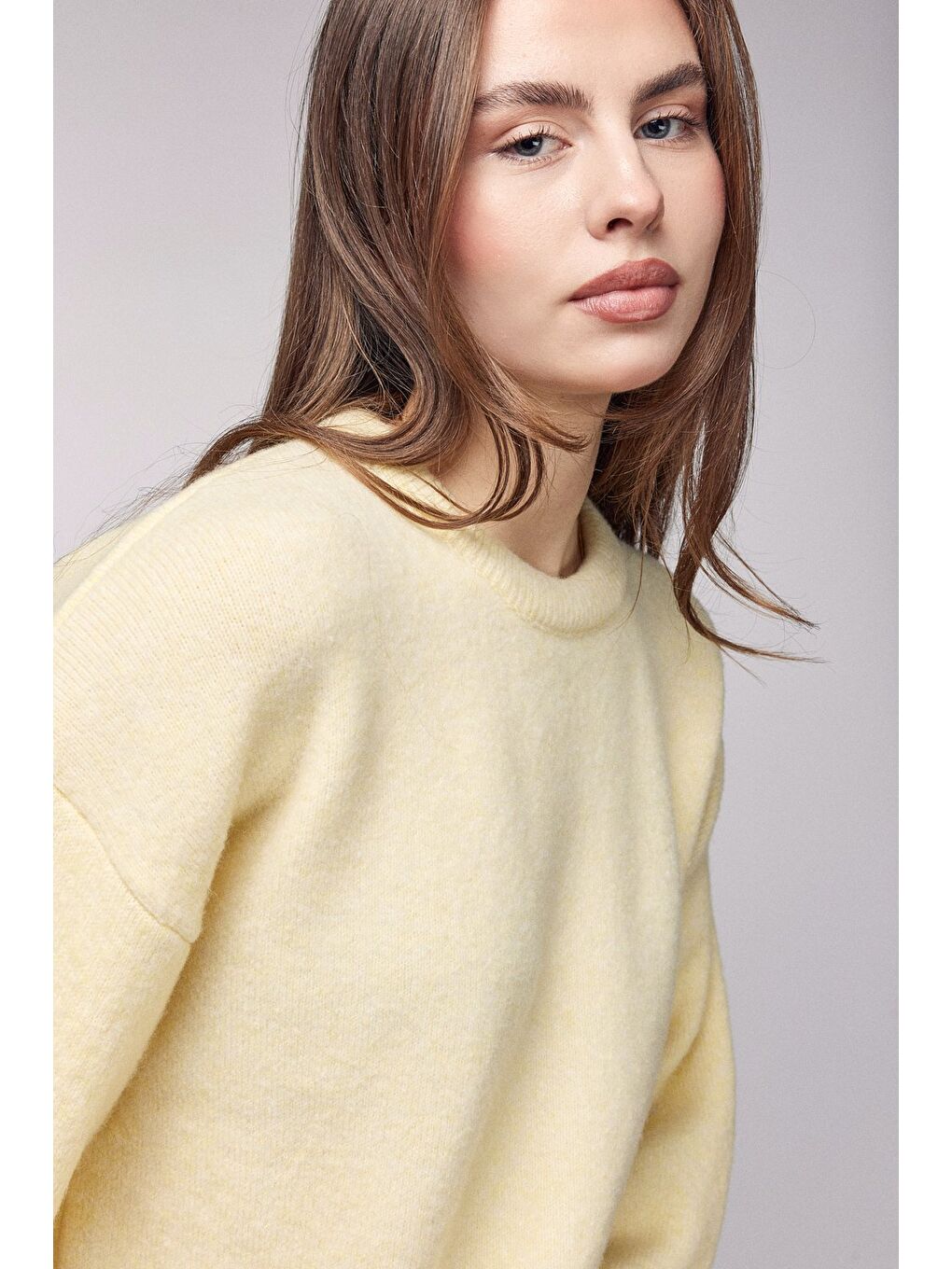 Sarı Bisiklet Yaka Oversize Dokulu Triko Kazak - Geniş Kol Detay-2