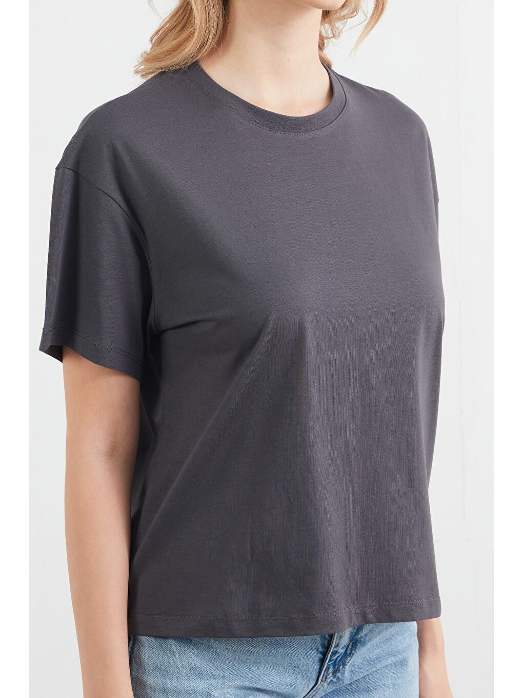 Antrasit Basic Bisiklet Yaka Tişört-4