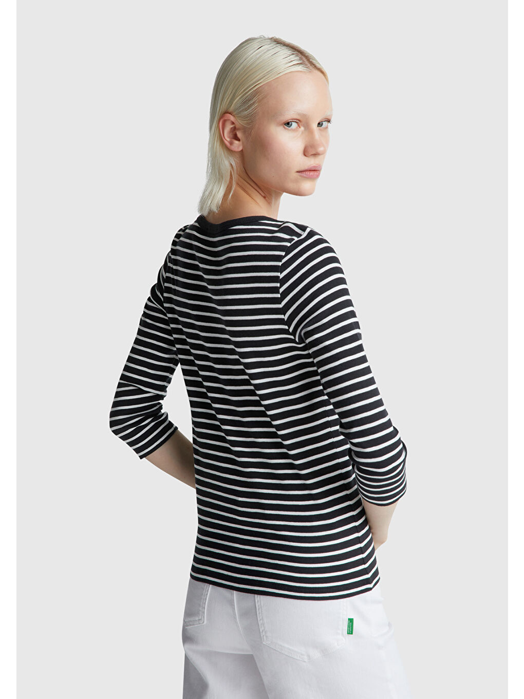 Siyah Kadın Sİyah %100 Pamuk Çizgili Logolu Kayık Yaka Truvakar Kol T-Shirt-2