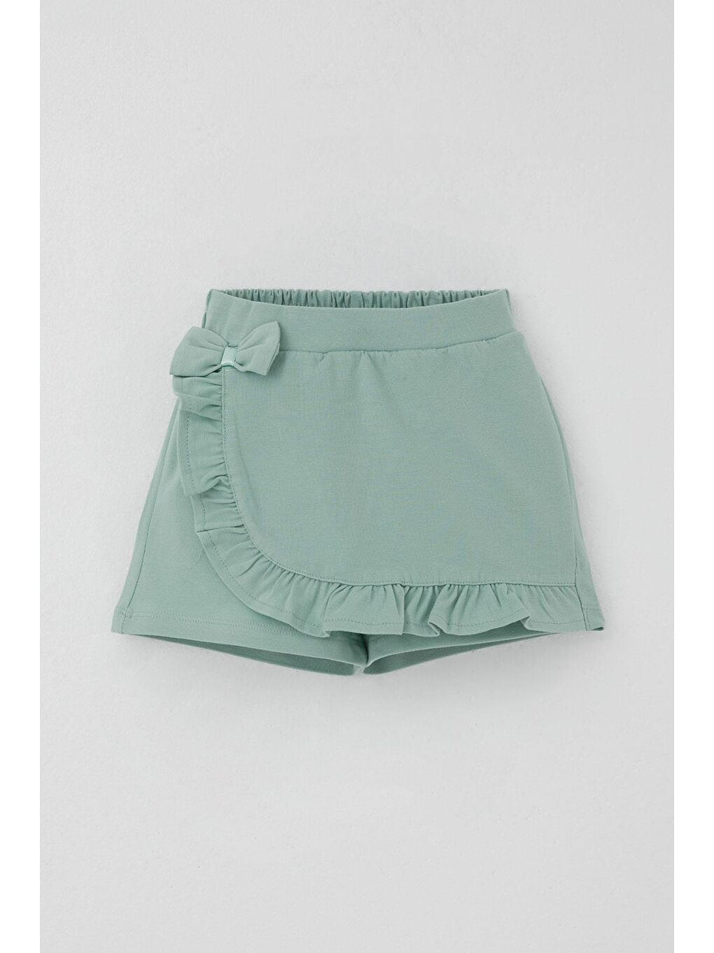 Turkuaz Kız Çocuk Şort Etek Fiyonk Aksesuarlı Fırfırlı Su Yeşili (3-8 Yaş)