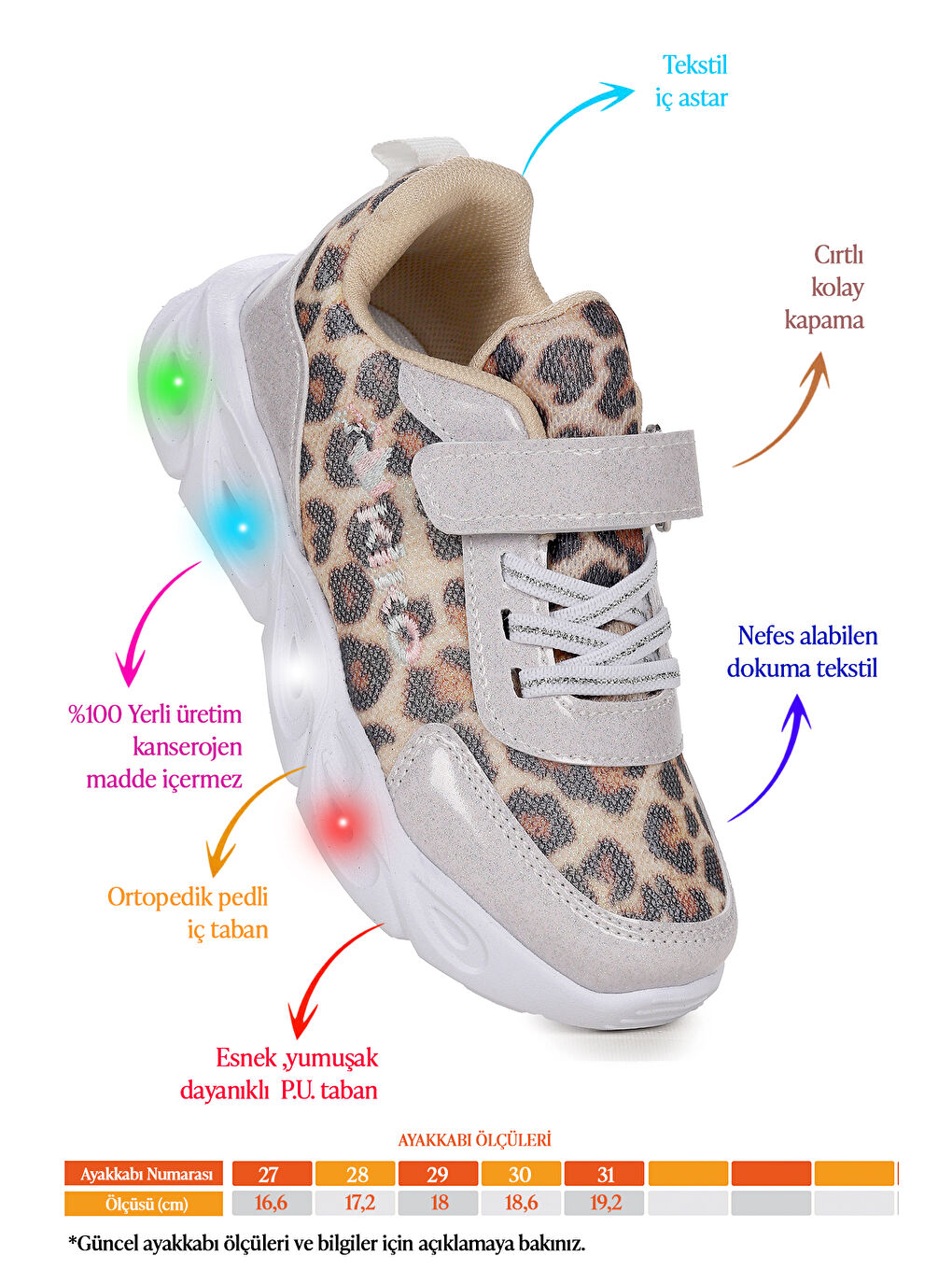 Beyaz Teno Leopar Desenli Cırtlı Işıklı Kız Çocuk Spor Ayakkabı-1