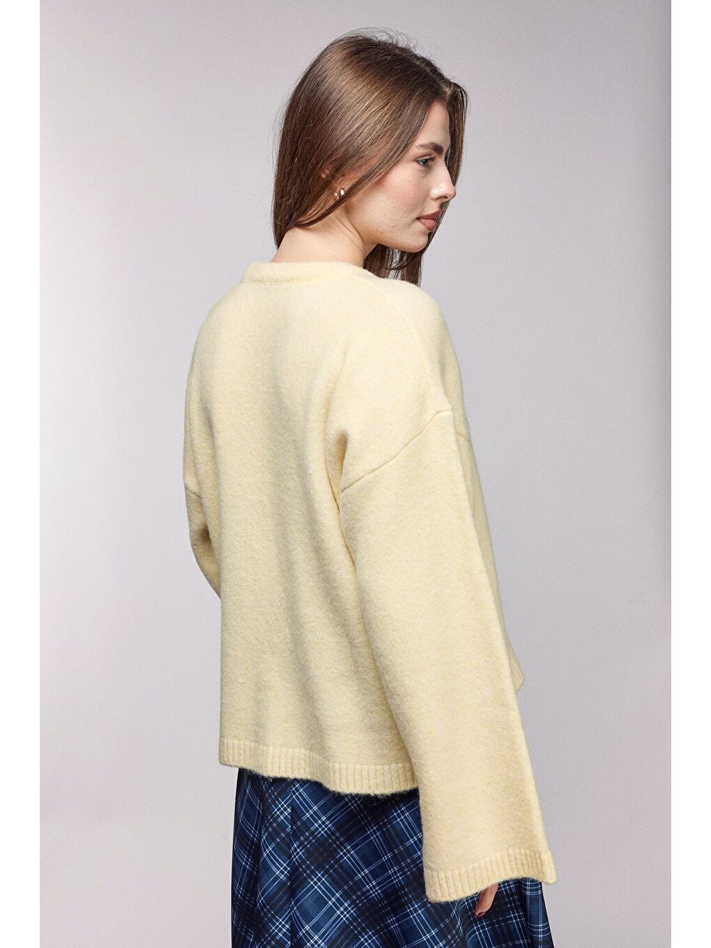 Sarı Bisiklet Yaka Oversize Dokulu Triko Kazak - Geniş Kol Detay-3