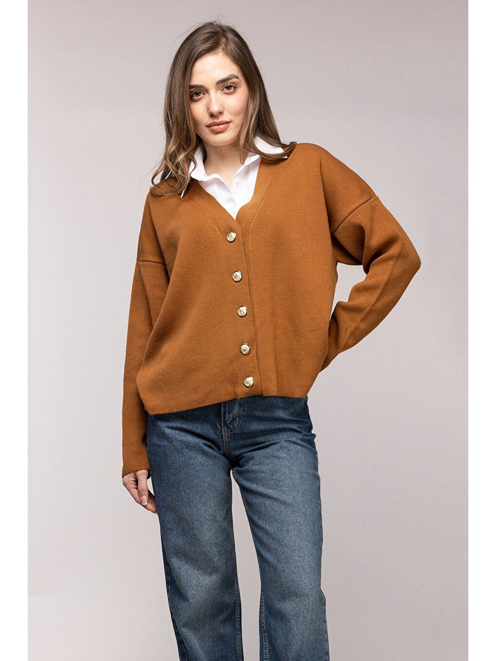 Kahverengi Taba Gömlek Görünümlü Oversize Triko Hırka-2