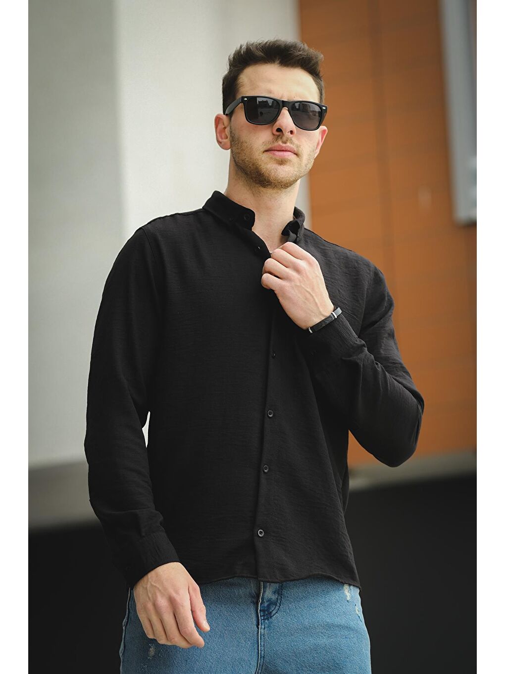 Siyah Piatris Kırınkıl Desen Düğmeli Yaka Erkek Gömlek-1