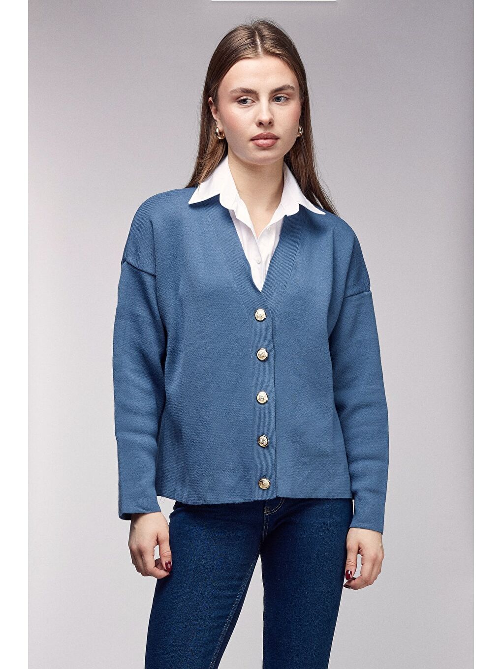 İndigo Gömlek Görünümlü Oversize Triko Hırka-1