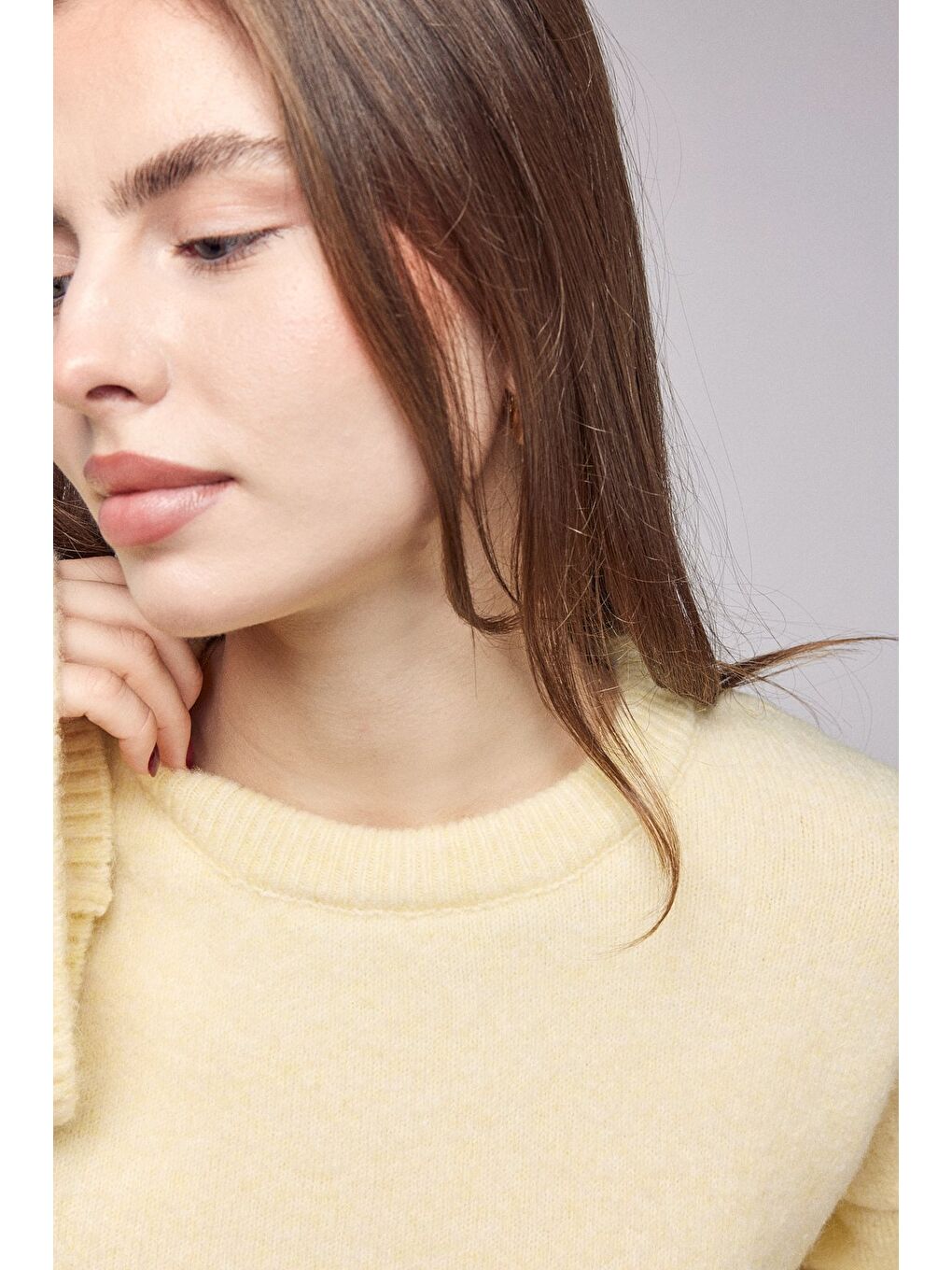 Sarı Bisiklet Yaka Oversize Dokulu Triko Kazak - Geniş Kol Detay-4