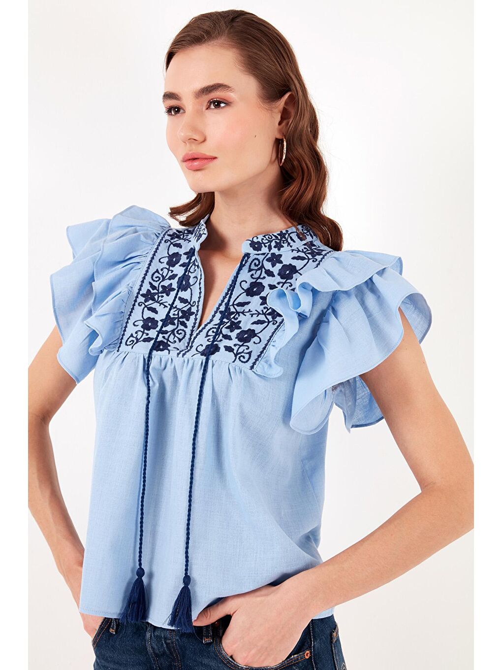 Lela Mavi Pamuklu Regular Fit Nakış İşlemeli Bluz 611Bz0253 - 2