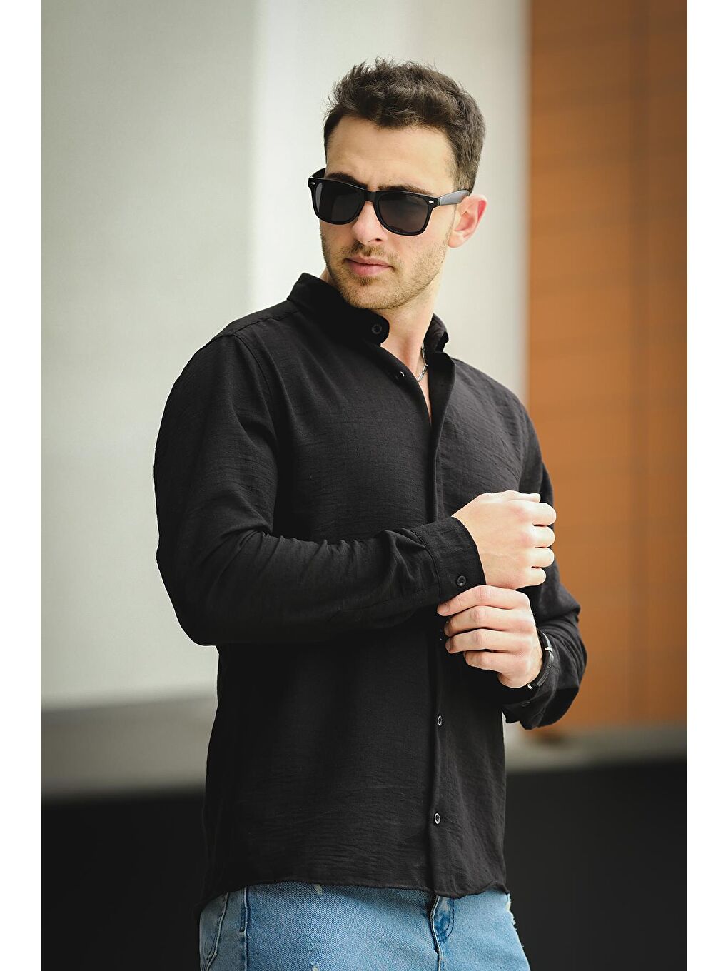 Siyah Piatris Kırınkıl Desen Düğmeli Yaka Erkek Gömlek-2