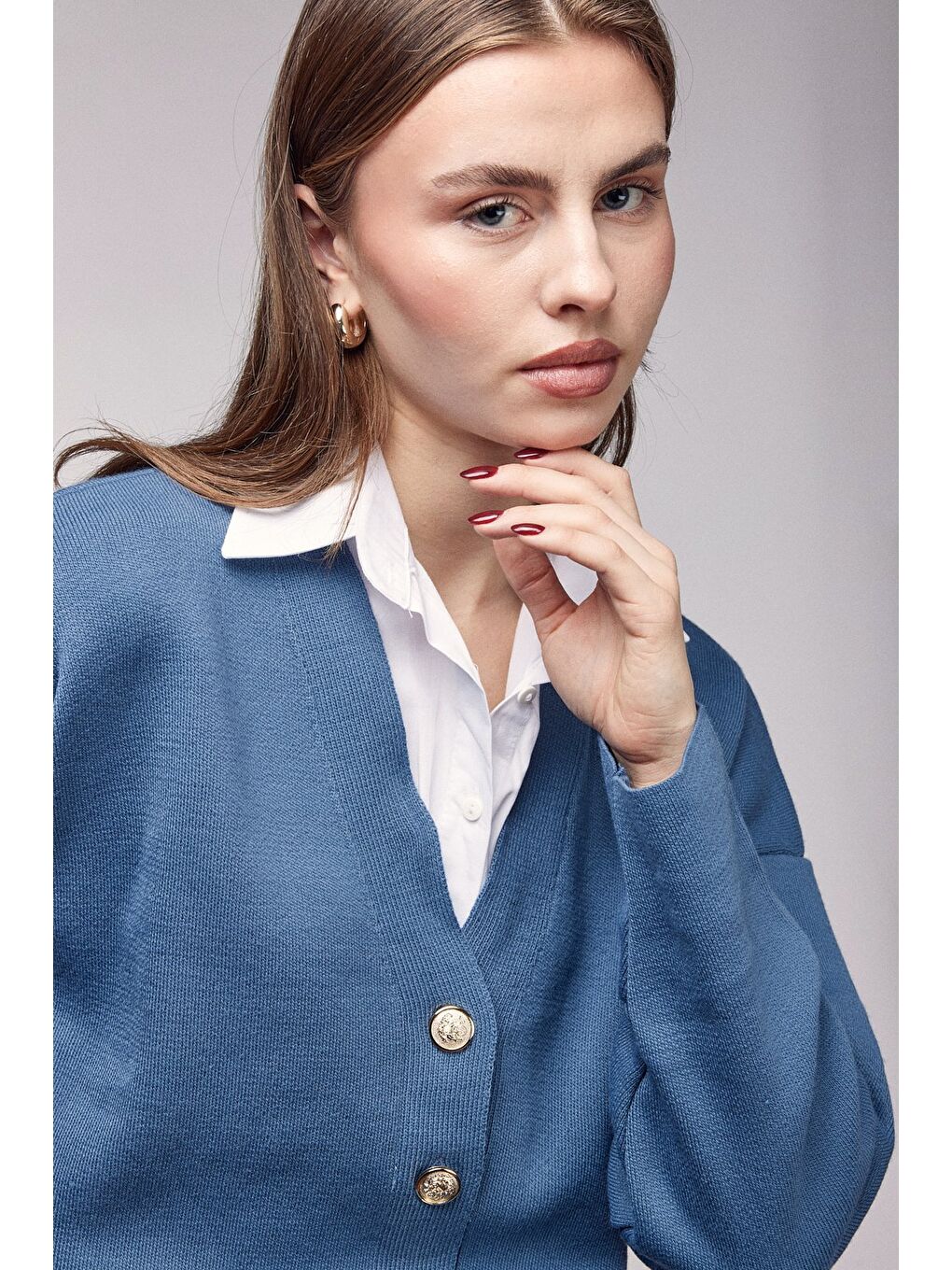 İndigo Gömlek Görünümlü Oversize Triko Hırka-2