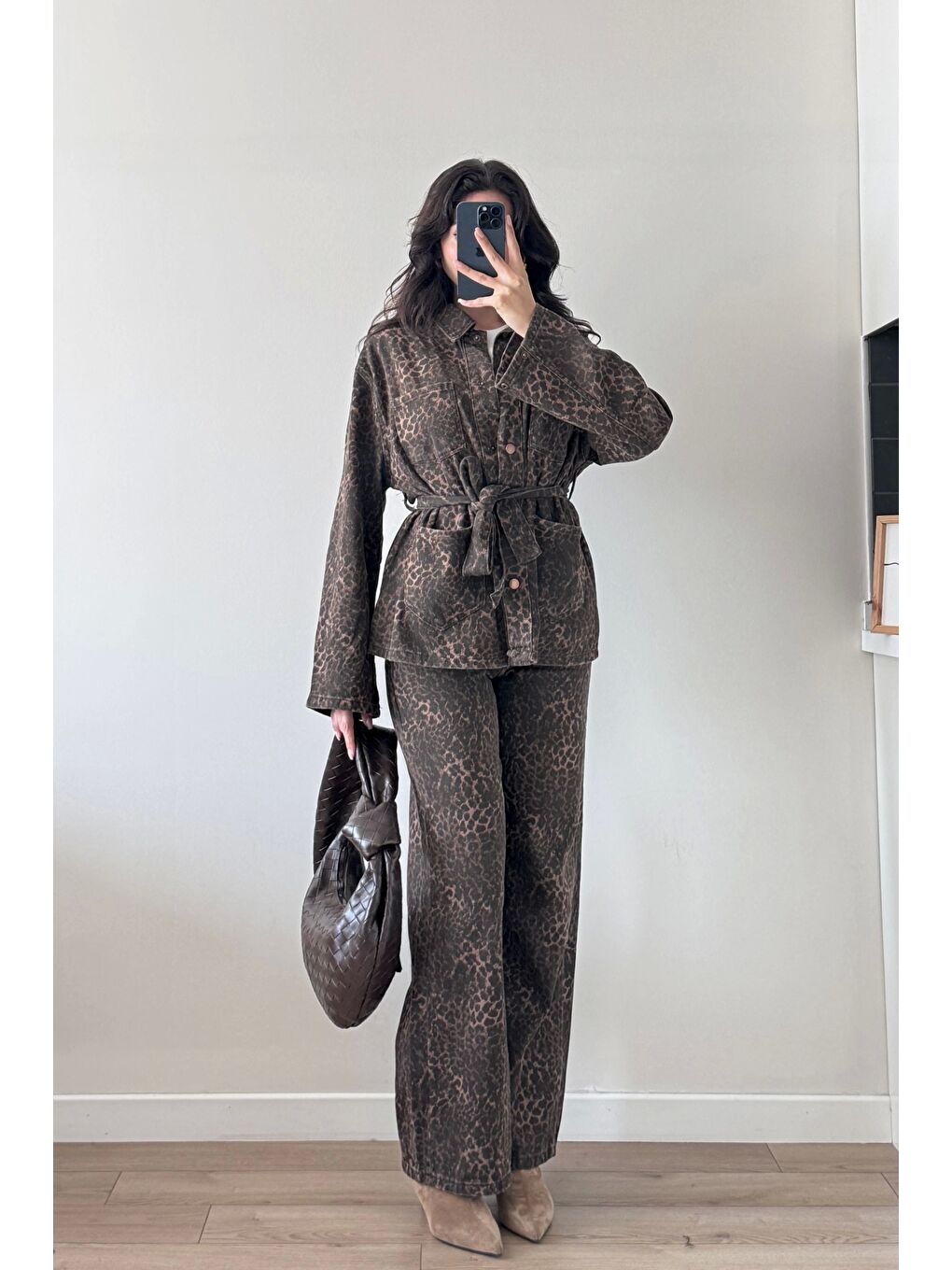 Kahverengi Kadın Kahve Leopar Jean Takım 0276-2