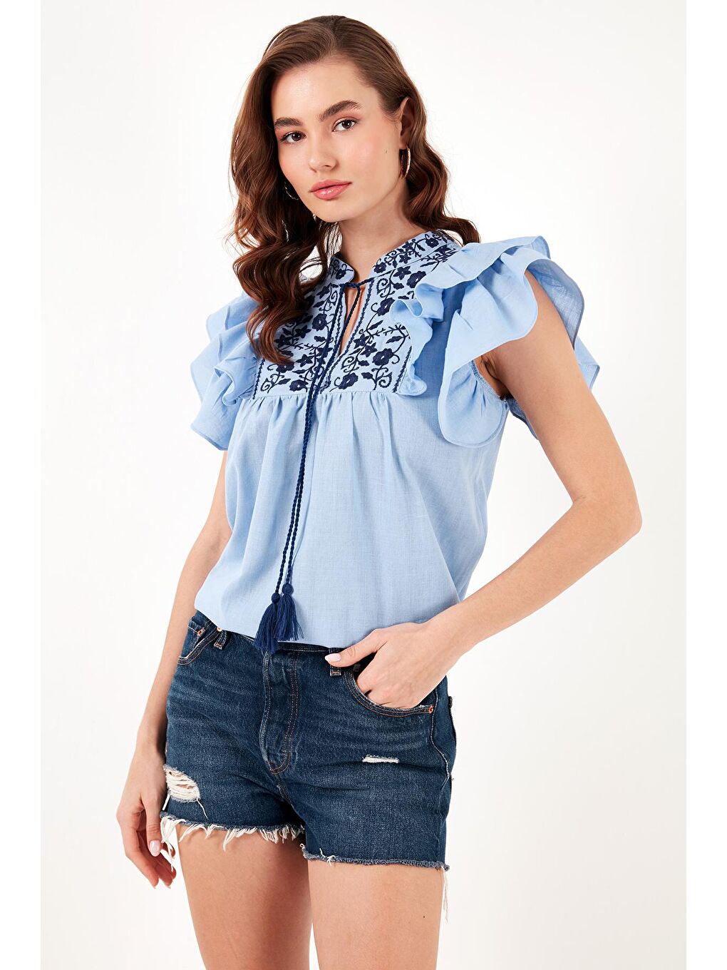 Lela Mavi Pamuklu Regular Fit Nakış İşlemeli Bluz 611Bz0253 - 3