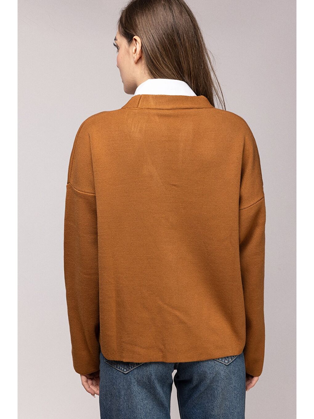 Kahverengi Taba Gömlek Görünümlü Oversize Triko Hırka-4