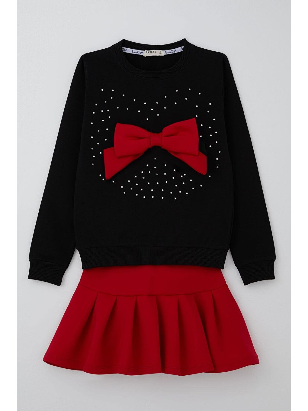 Kız Çocuk Etekli Takım Taş İşlemeli Fiyonk Aksesuarlı Siyah (6-12 Yaş)