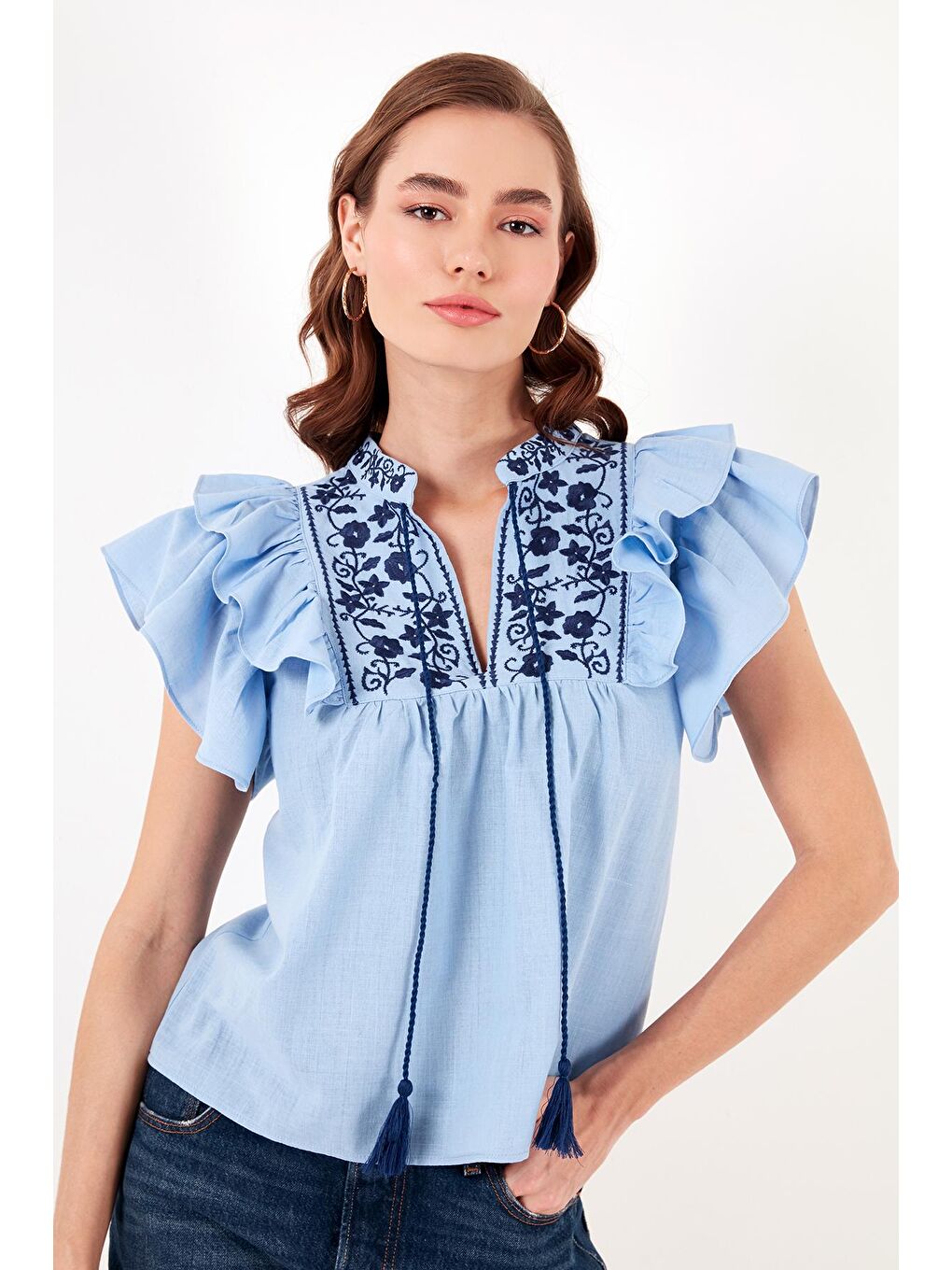 Lela Mavi Pamuklu Regular Fit Nakış İşlemeli Bluz 611Bz0253 - 4