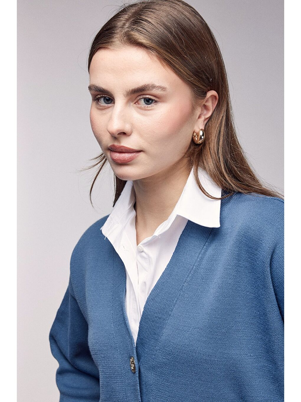 İndigo Gömlek Görünümlü Oversize Triko Hırka-3