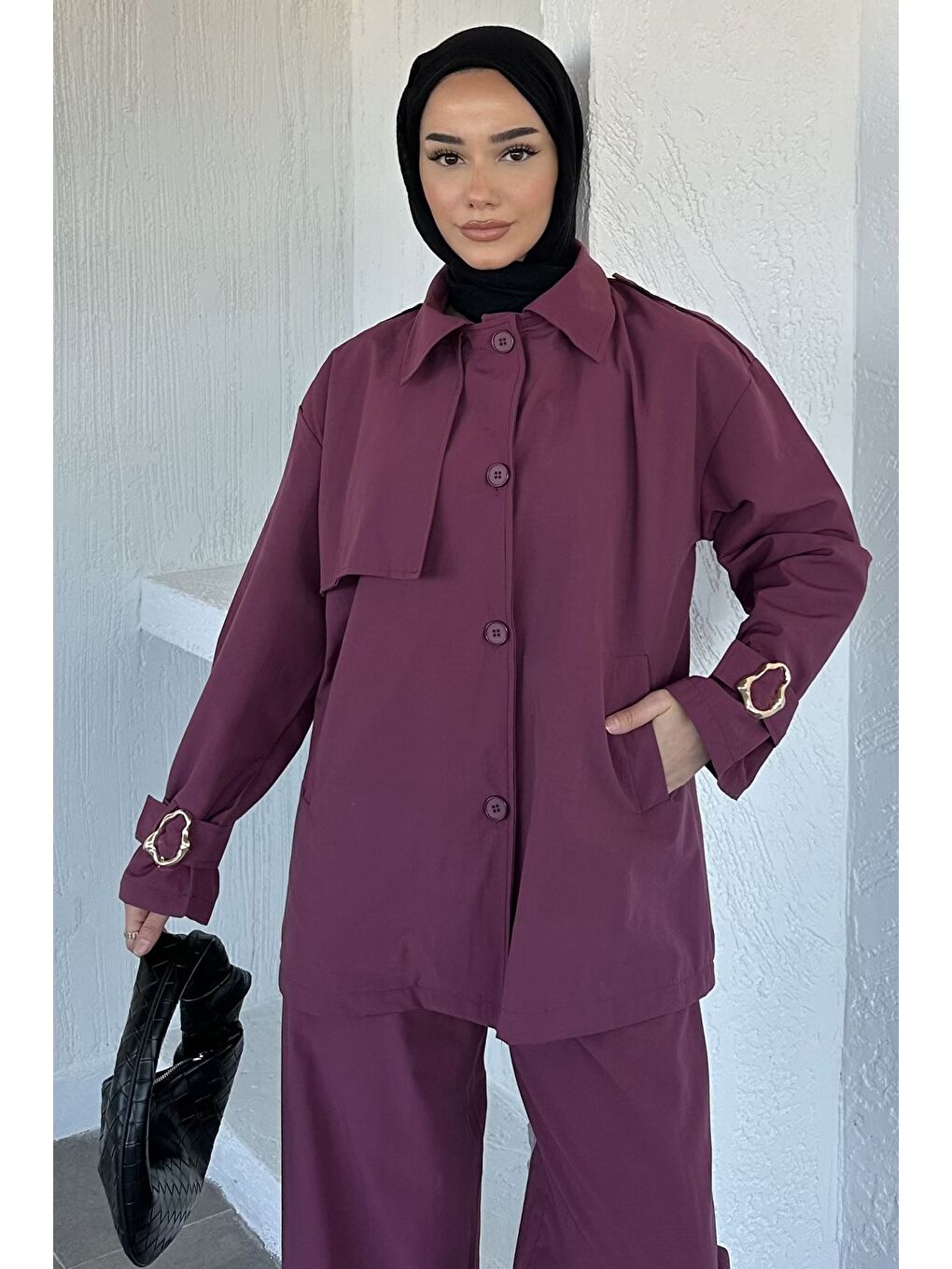 Mürdüm Kemerli Astarlı Trenç Pantolon Tesettür İkili Takım-1