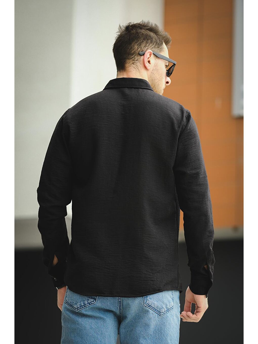 Siyah Piatris Kırınkıl Desen Düğmeli Yaka Erkek Gömlek-3