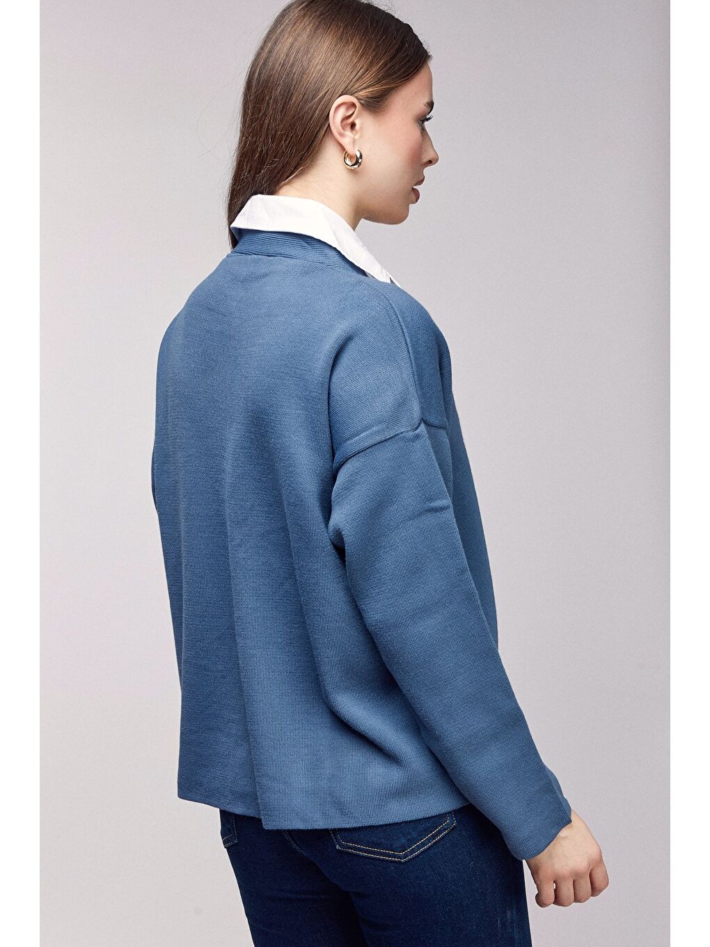 İndigo Gömlek Görünümlü Oversize Triko Hırka-4