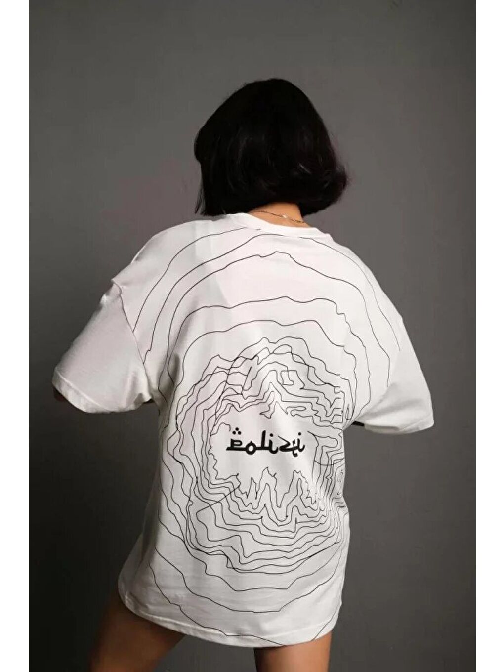 Bisiklet Yakalı Sırt Baskılı Oversize T-Shirt - Beyaz-1